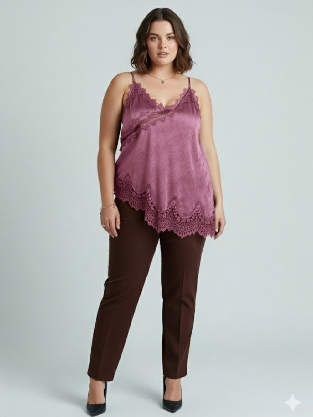 Made in Italy Flowing Satin Top with Elegant Lace Detail Plus Size in Wine